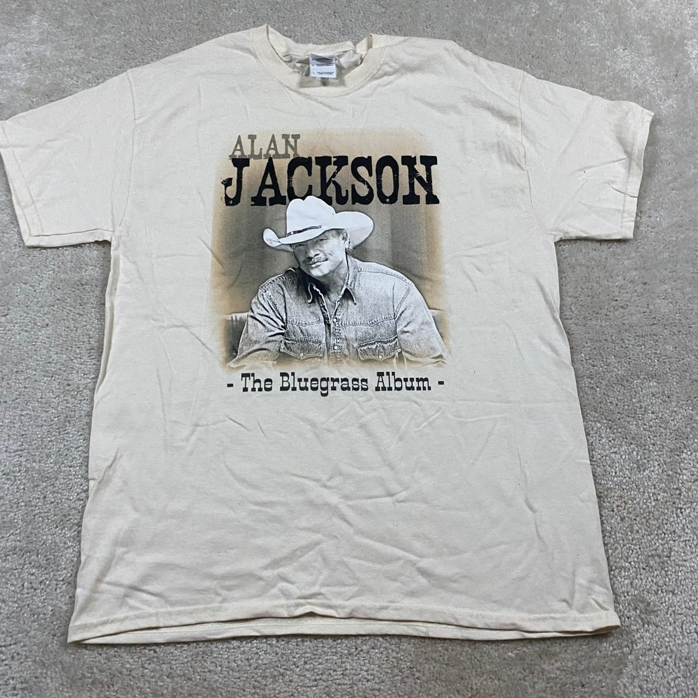 Alan Jackson Shirt Mens L Bluegrass Album Cream Tee Gildan Heavy Country Y2K